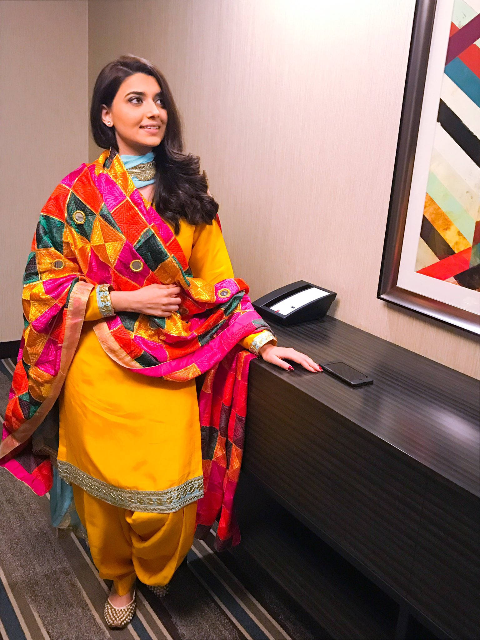 Nimrat Khaira, vibrant yellow, multicolored traditional attire, Full HD Phone Wallpaper