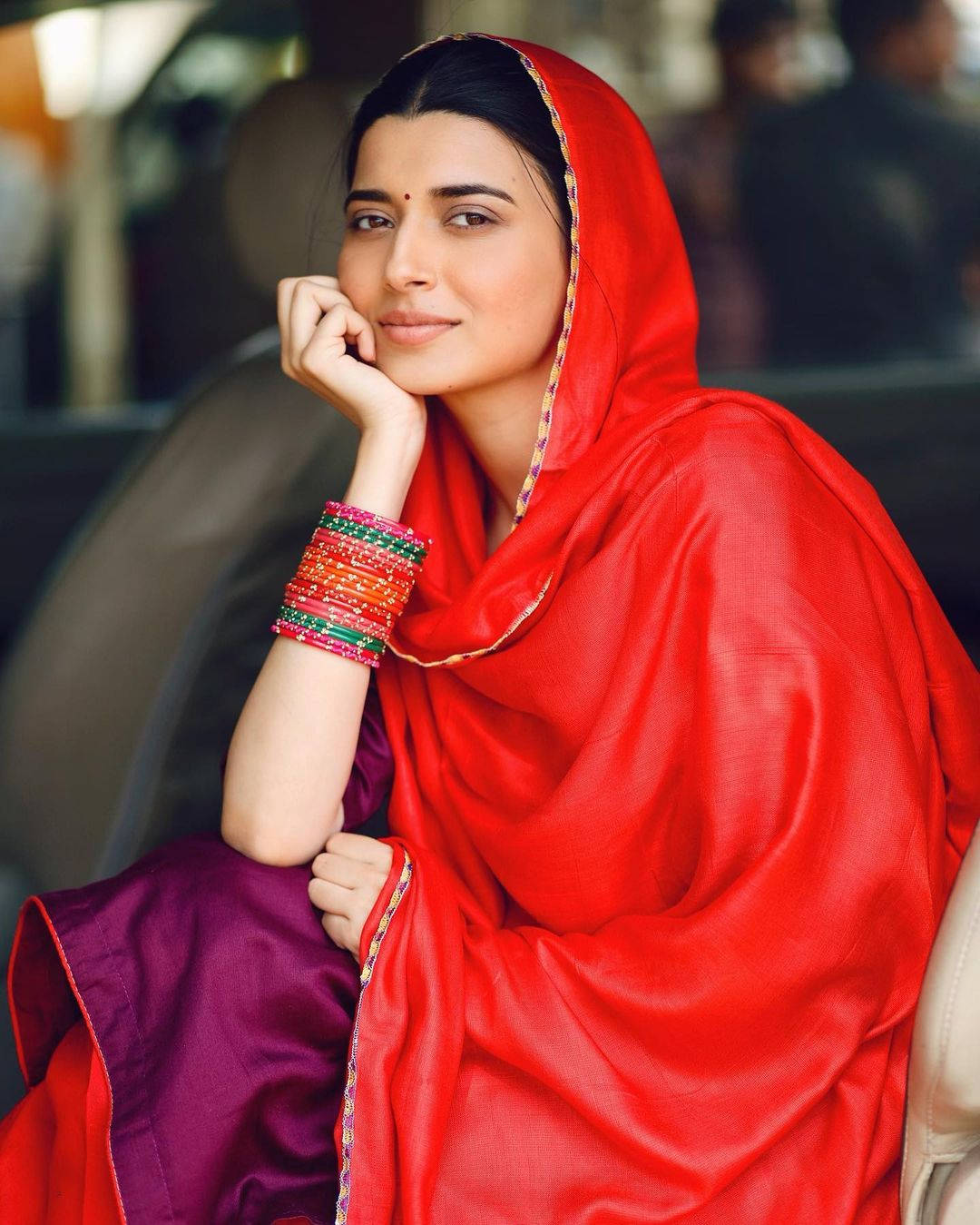 Nimrat Khaira, vibrant red and purple traditional outfit, colorful bangles, HD Phone Wallpaper