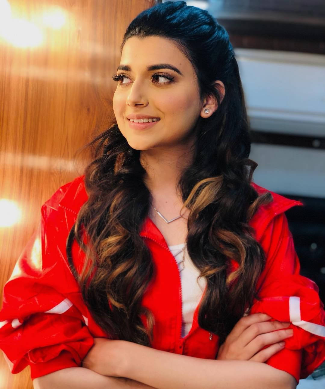 Nimrat Khaira, long wavy hair, bright red jacket, HD Phone Wallpaper
