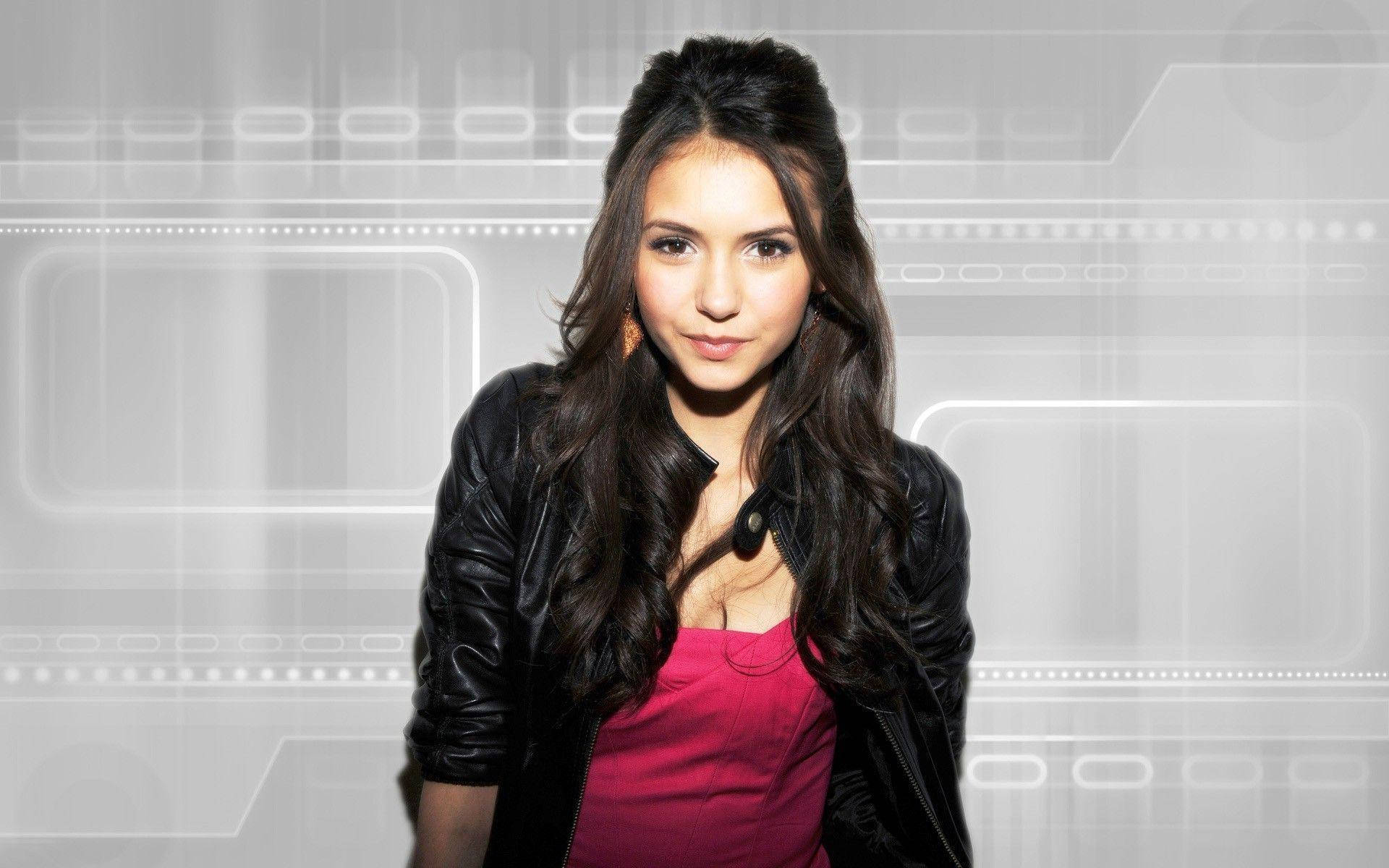 Nina Dobrev, black leather jacket, pink top, Full HD Desktop Wallpaper