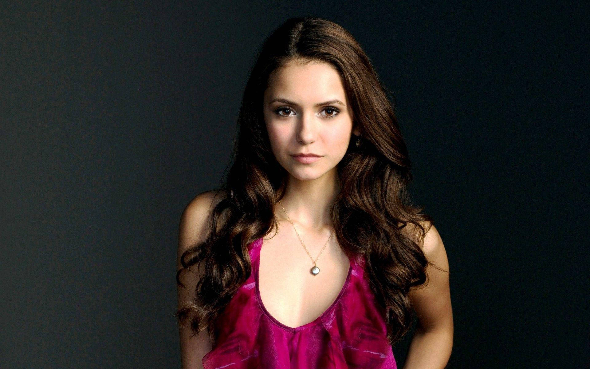 Nina Dobrev, pink, long brown hair, Full HD Desktop Wallpaper