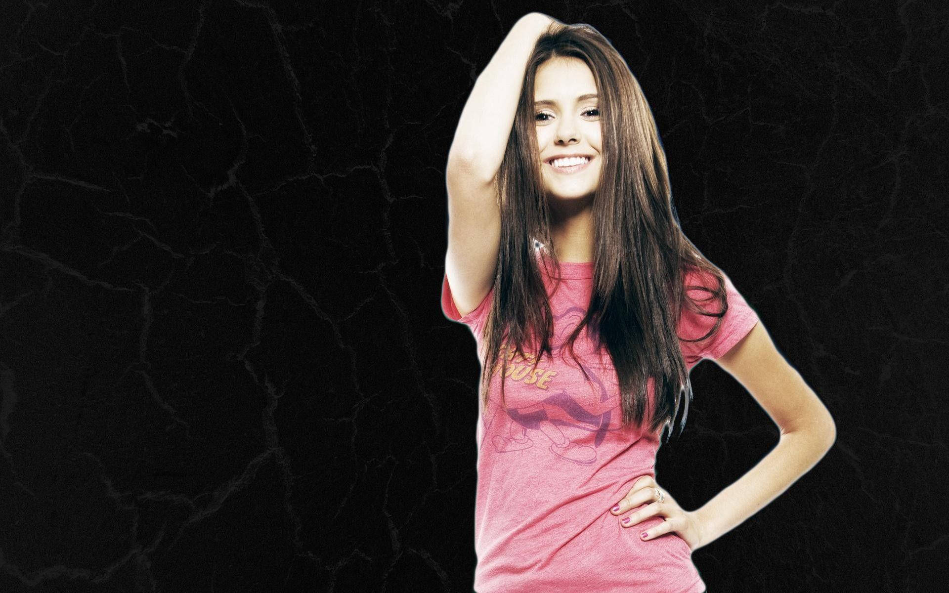 Nina Dobrev, young, pink t-shirt, Full HD Desktop Wallpaper