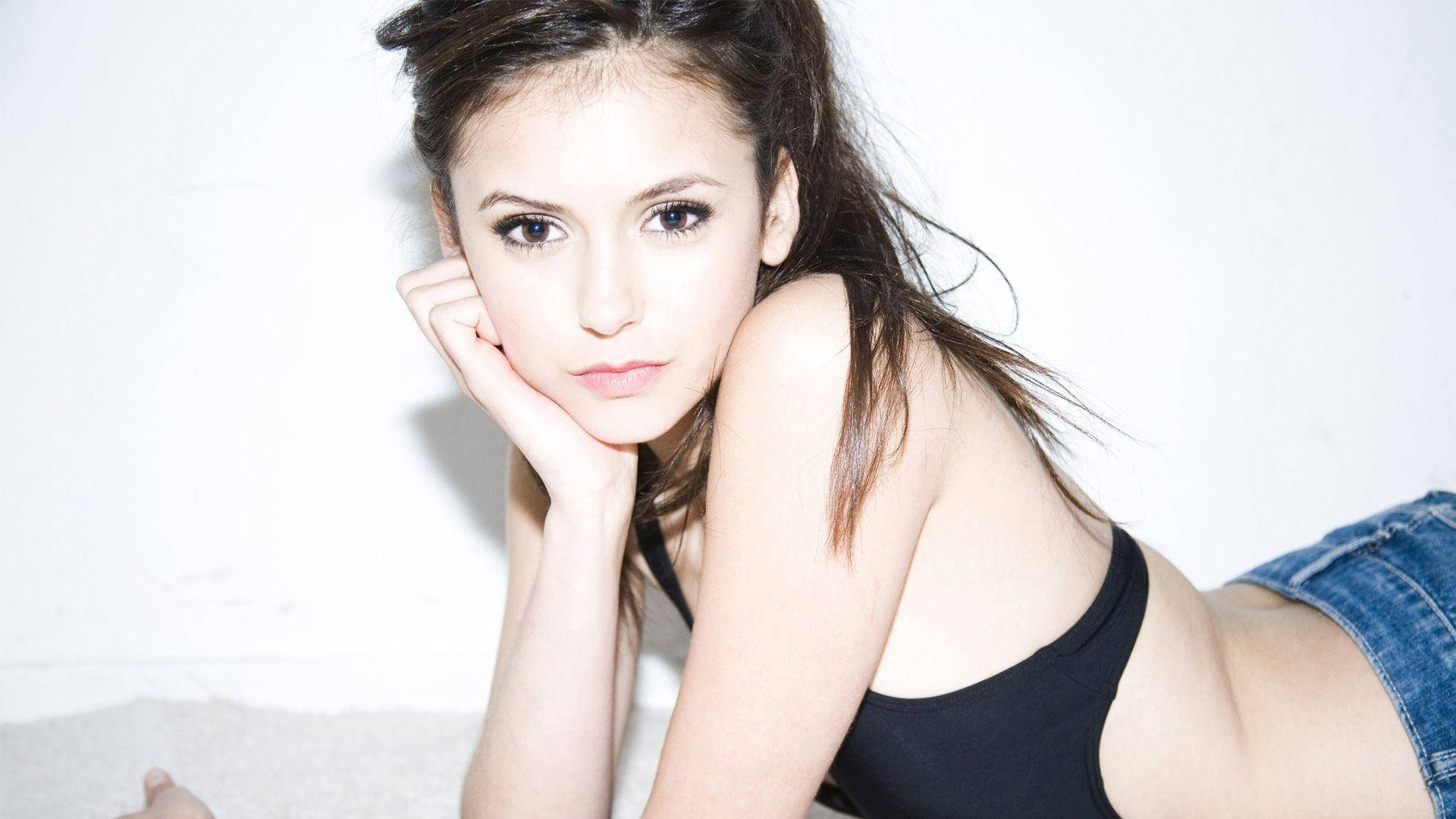 Nina Dobrev, dark hair, black top, Full HD Desktop Wallpaper
