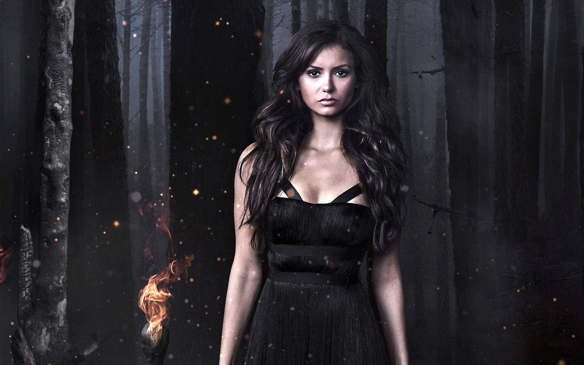 Nina Dobrev, black dress, misty dark forest, Full HD Desktop Wallpaper