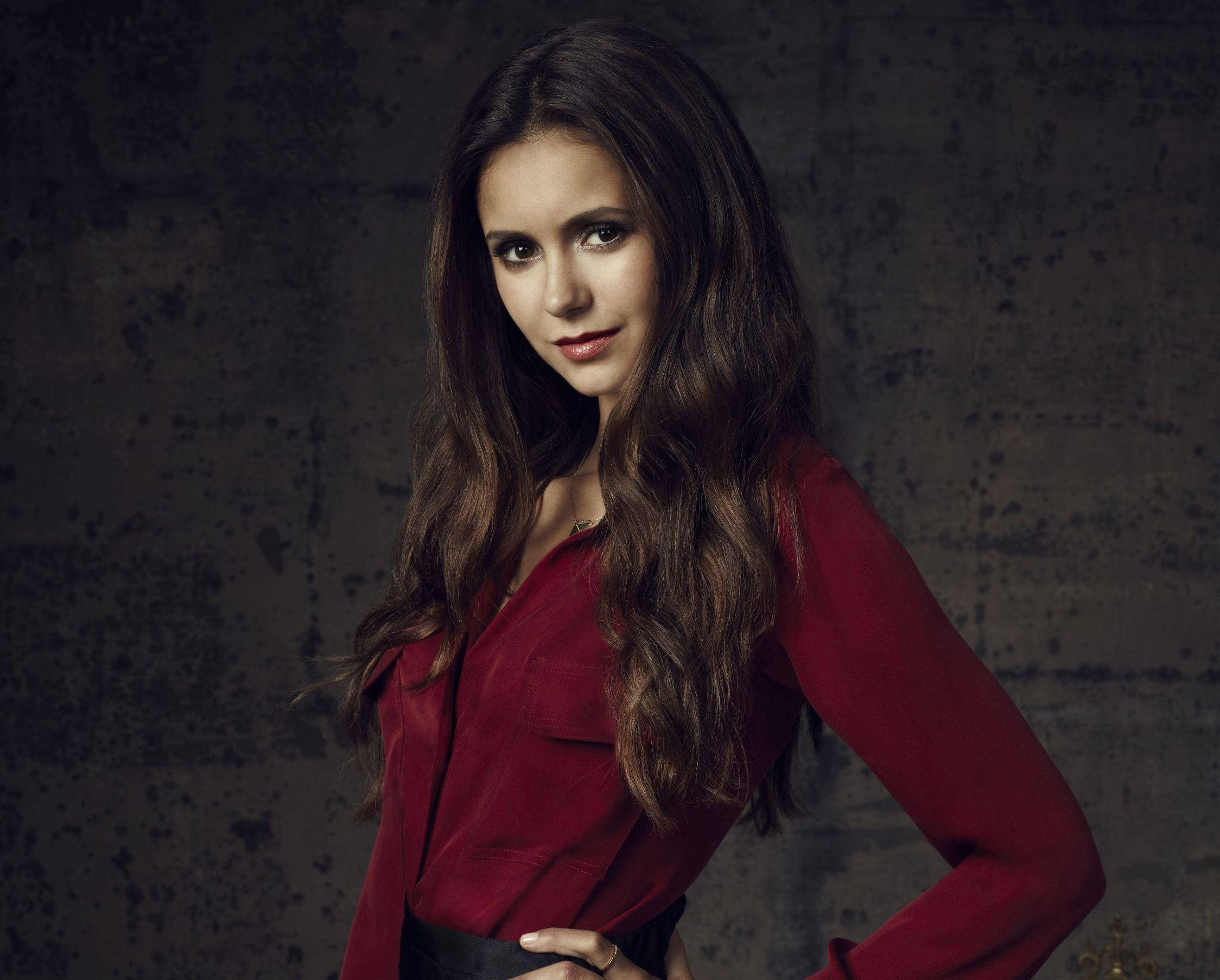 Nina Dobrev, long sleeve, red blouse, Full HD Desktop Wallpaper
