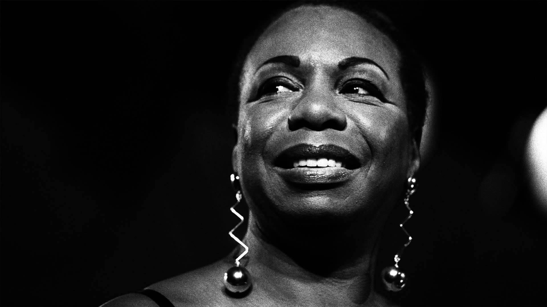 Nina Simone, black and white portrait, smiling woman, Full HD Desktop Wallpaper