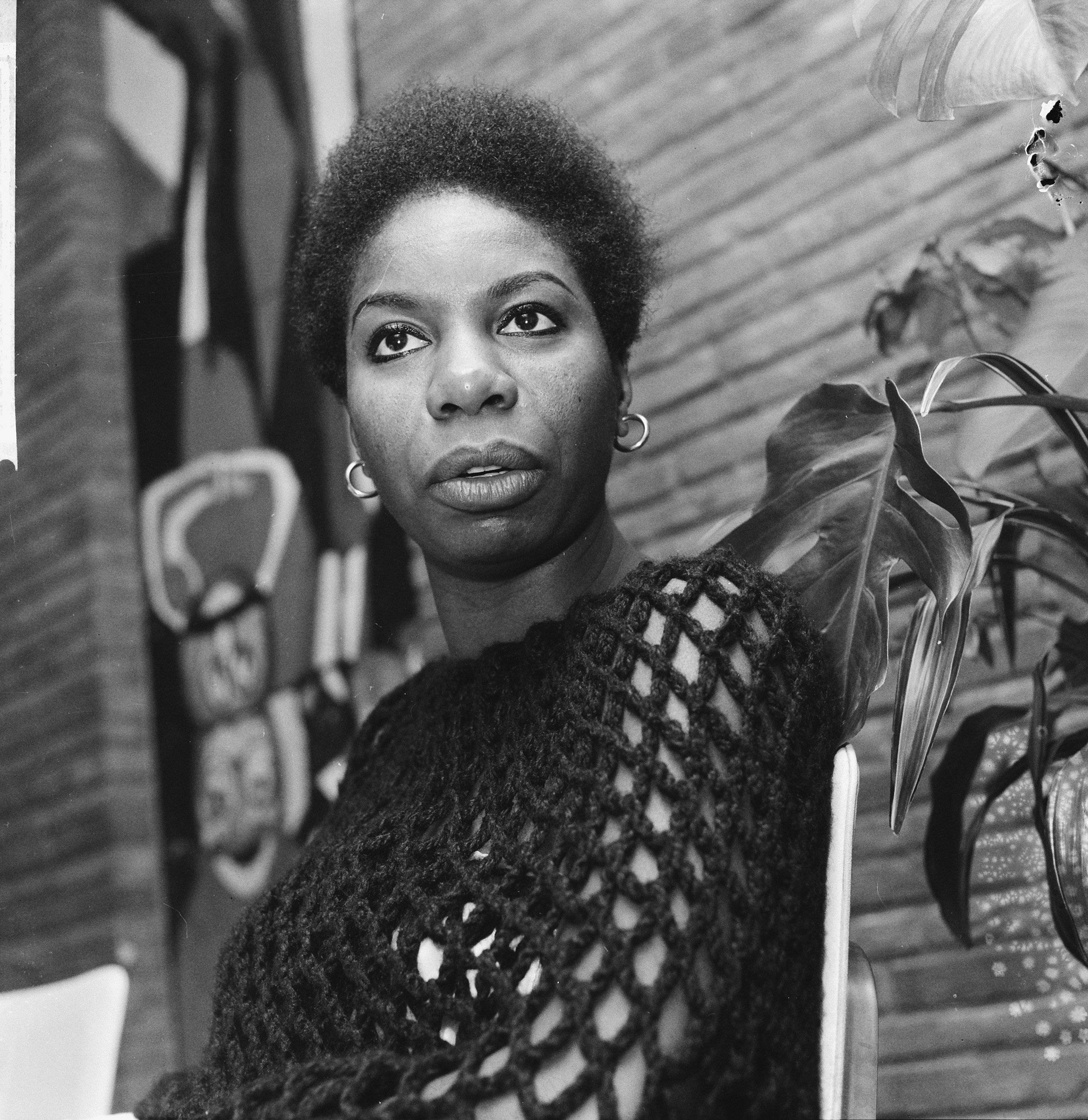 Nina Simone, afro hairstyle, textured knit top, 2K Phone Wallpaper