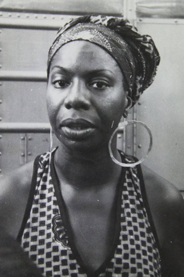 Nina Simone, big hoop earrings, patterned headwrap, SD Phone Wallpaper