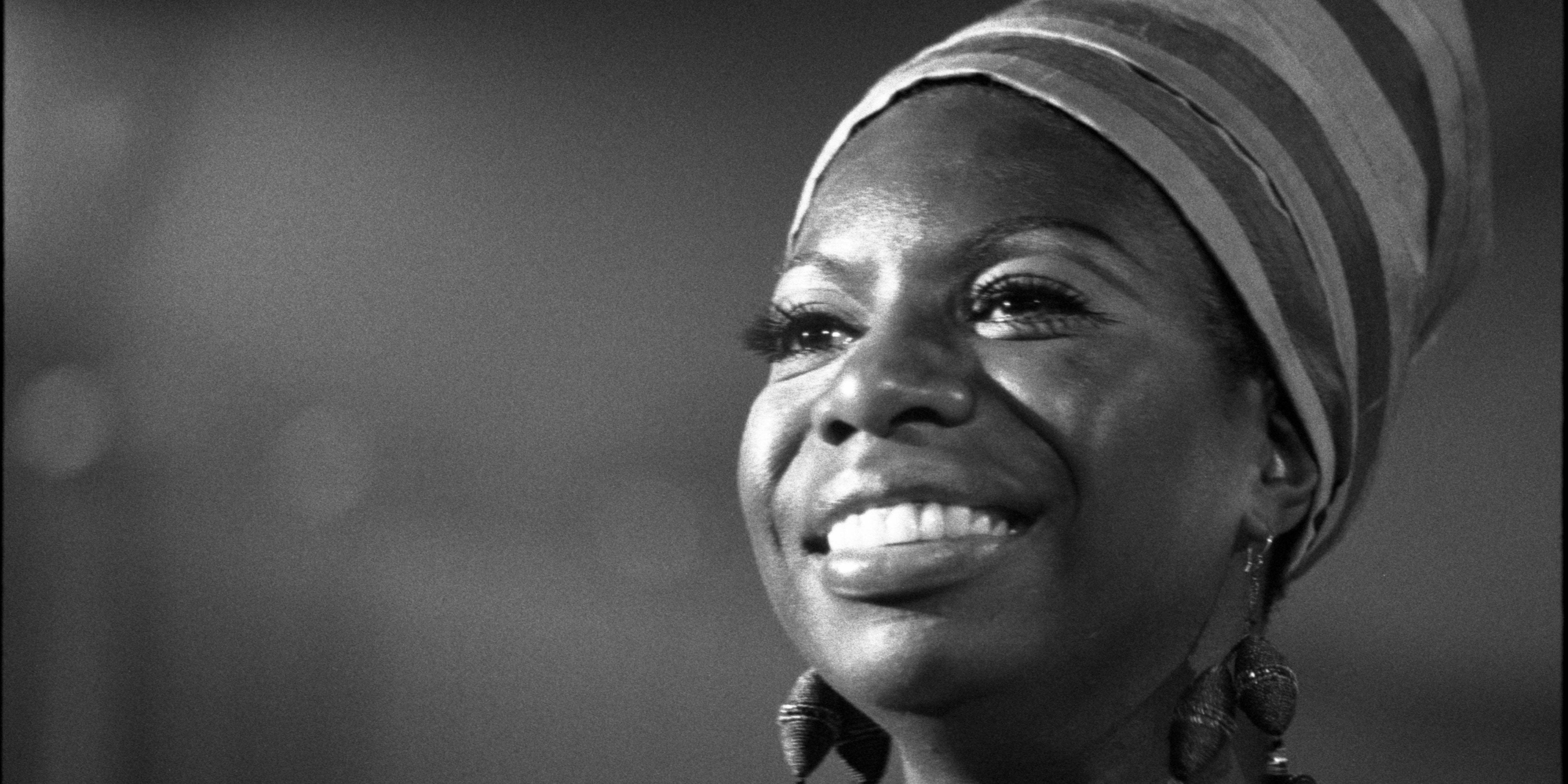 Nina Simone, black and white, striped headwrap, 4K Desktop Wallpaper