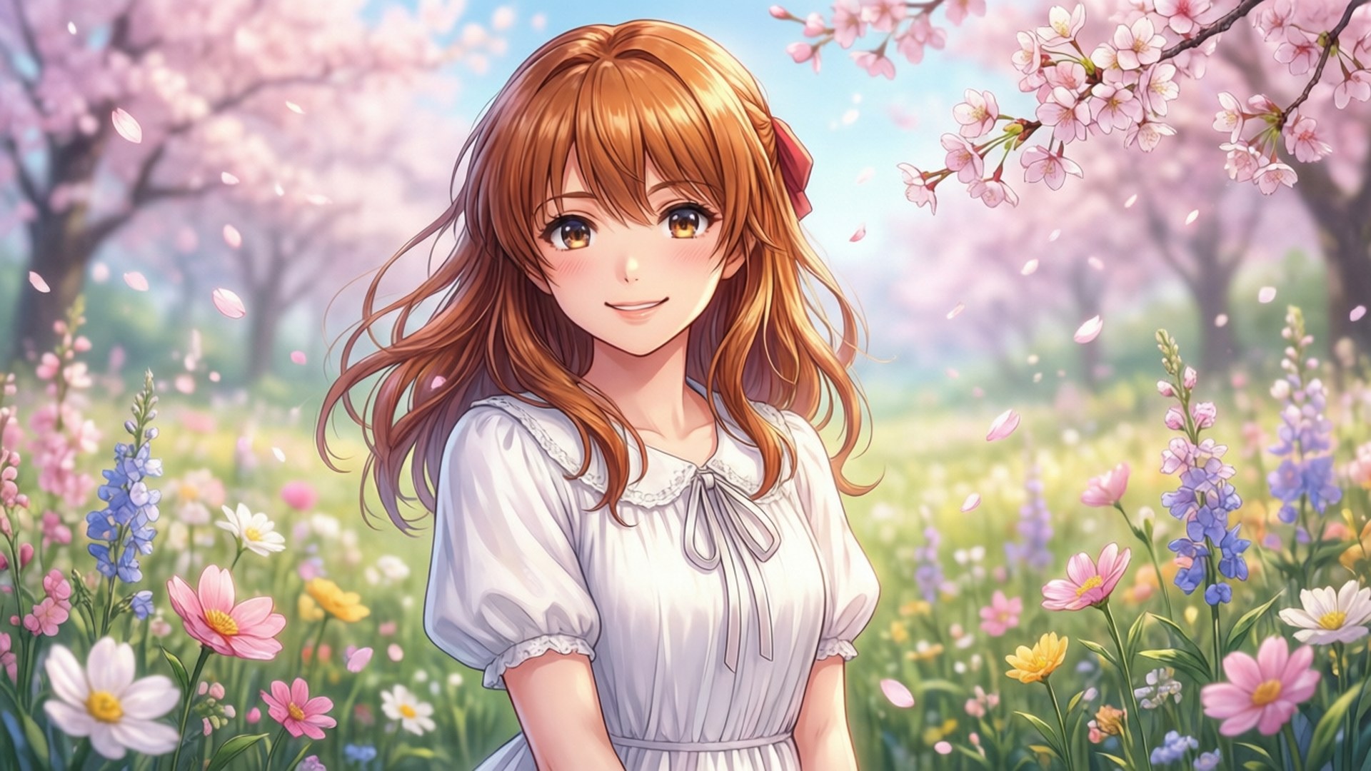 Ninamori Eri, cherry blossoms, spring field, Full HD Desktop Wallpaper