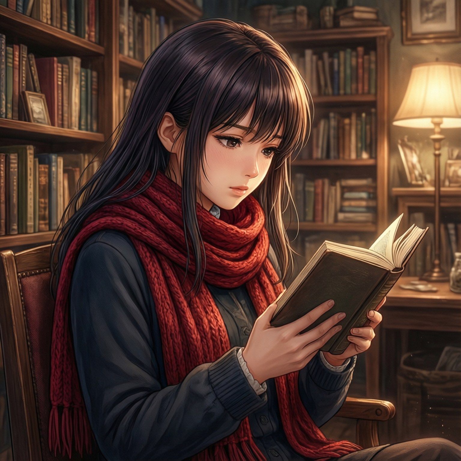 Ninamori Eri, library, book, HD Desktop Wallpaper
