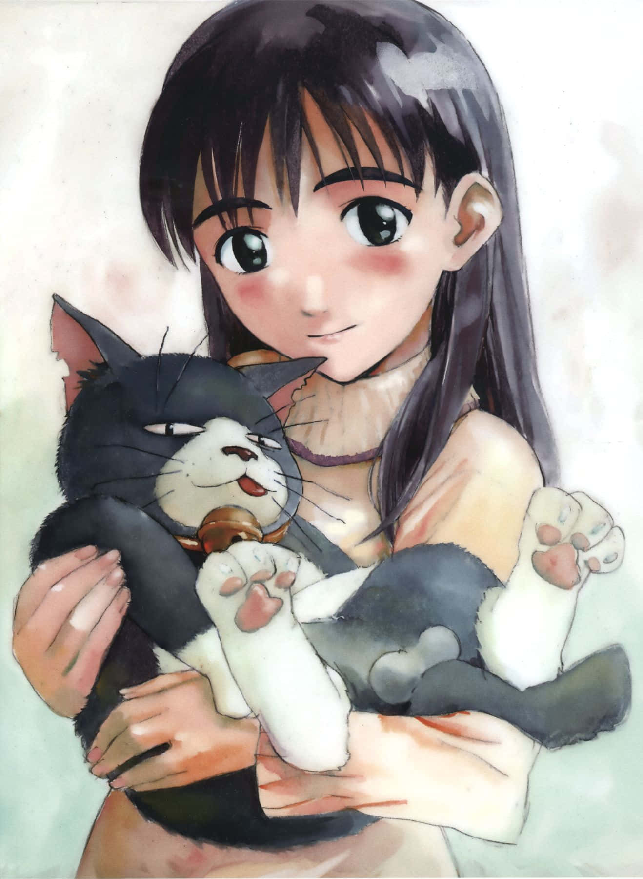 Ninamori Eri, black and white cat, bell collar, HD Phone Wallpaper