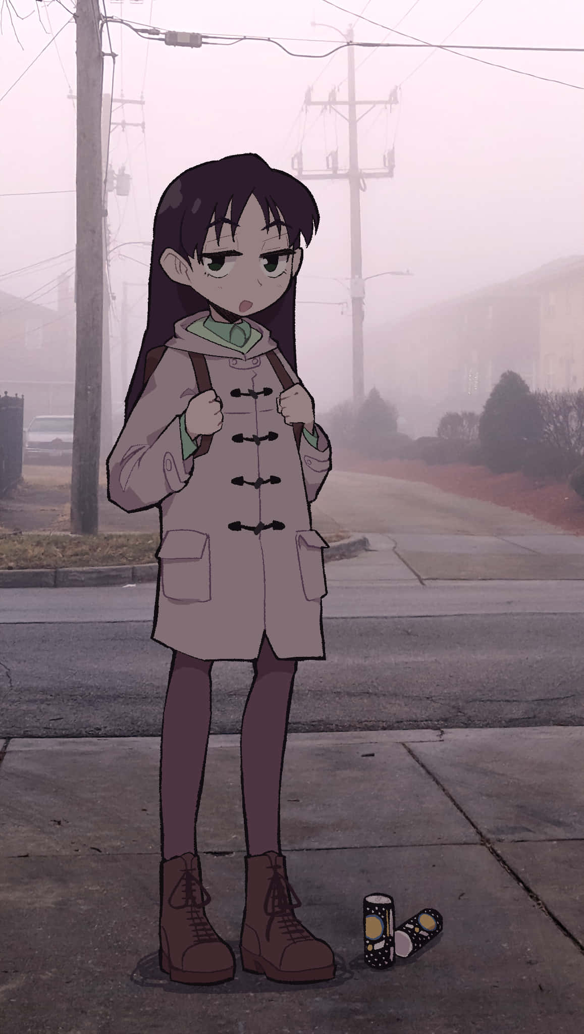 Ninamori Eri, beige coat, foggy sidewalk, Full HD Phone Wallpaper