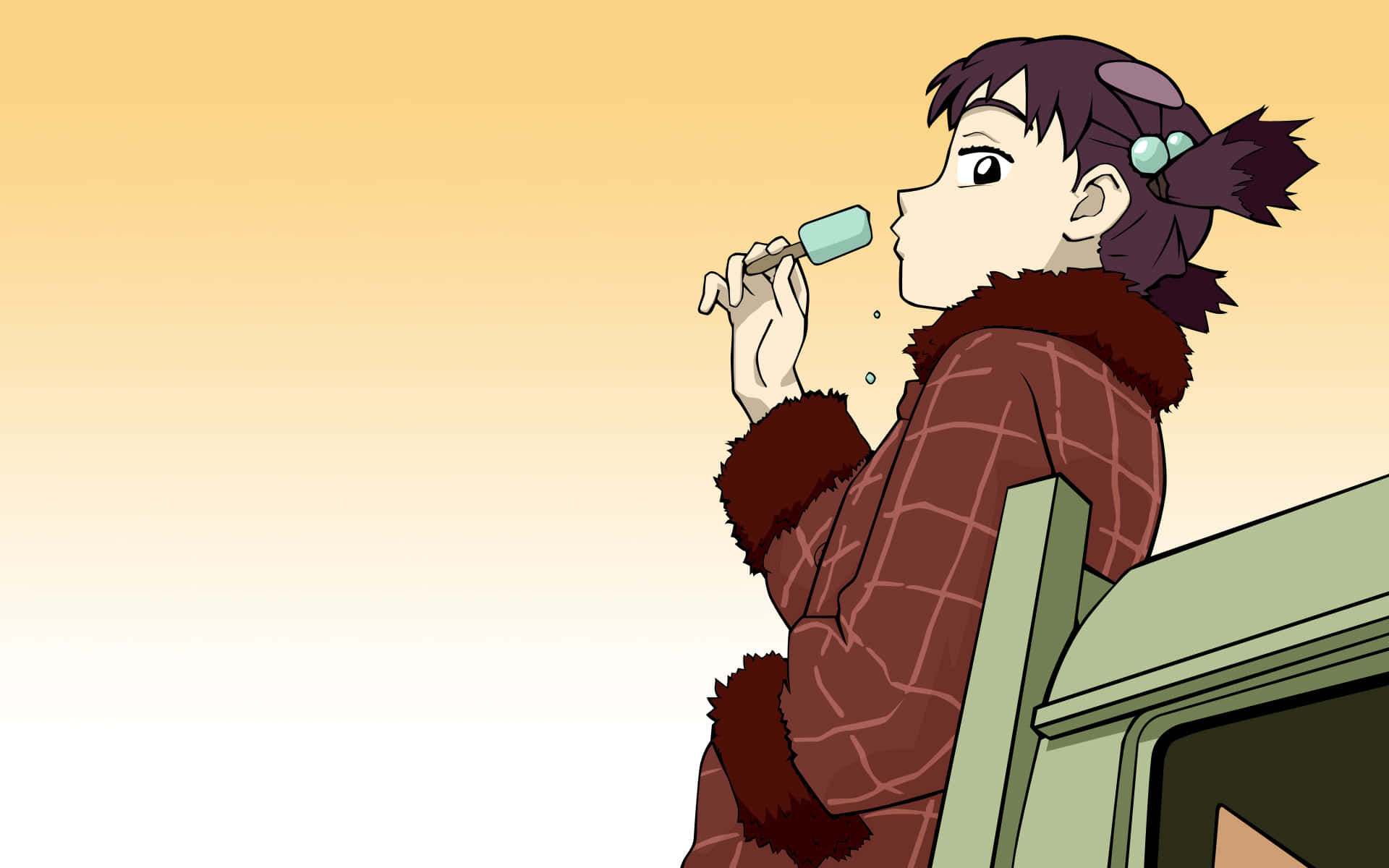 Ninamori Eri, plaid coat with fur trim, mint ice pop, Full HD Desktop Wallpaper