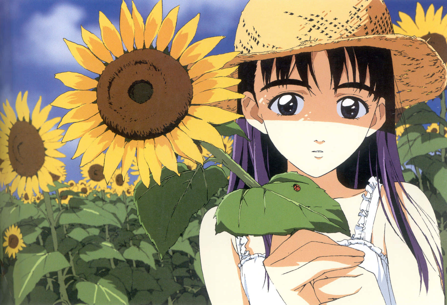 Ninamori Eri, purple hair, straw hat, HD Desktop Wallpaper