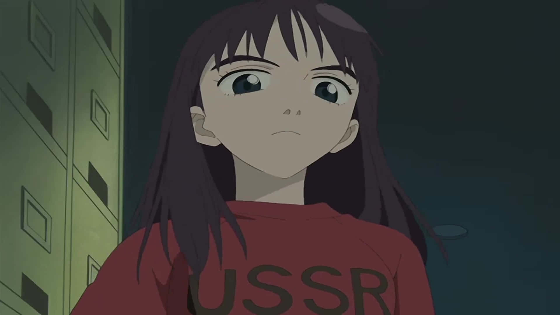 Ninamori Eri, red USSR shirt, dimly lit urban building, Full HD Desktop Wallpaper