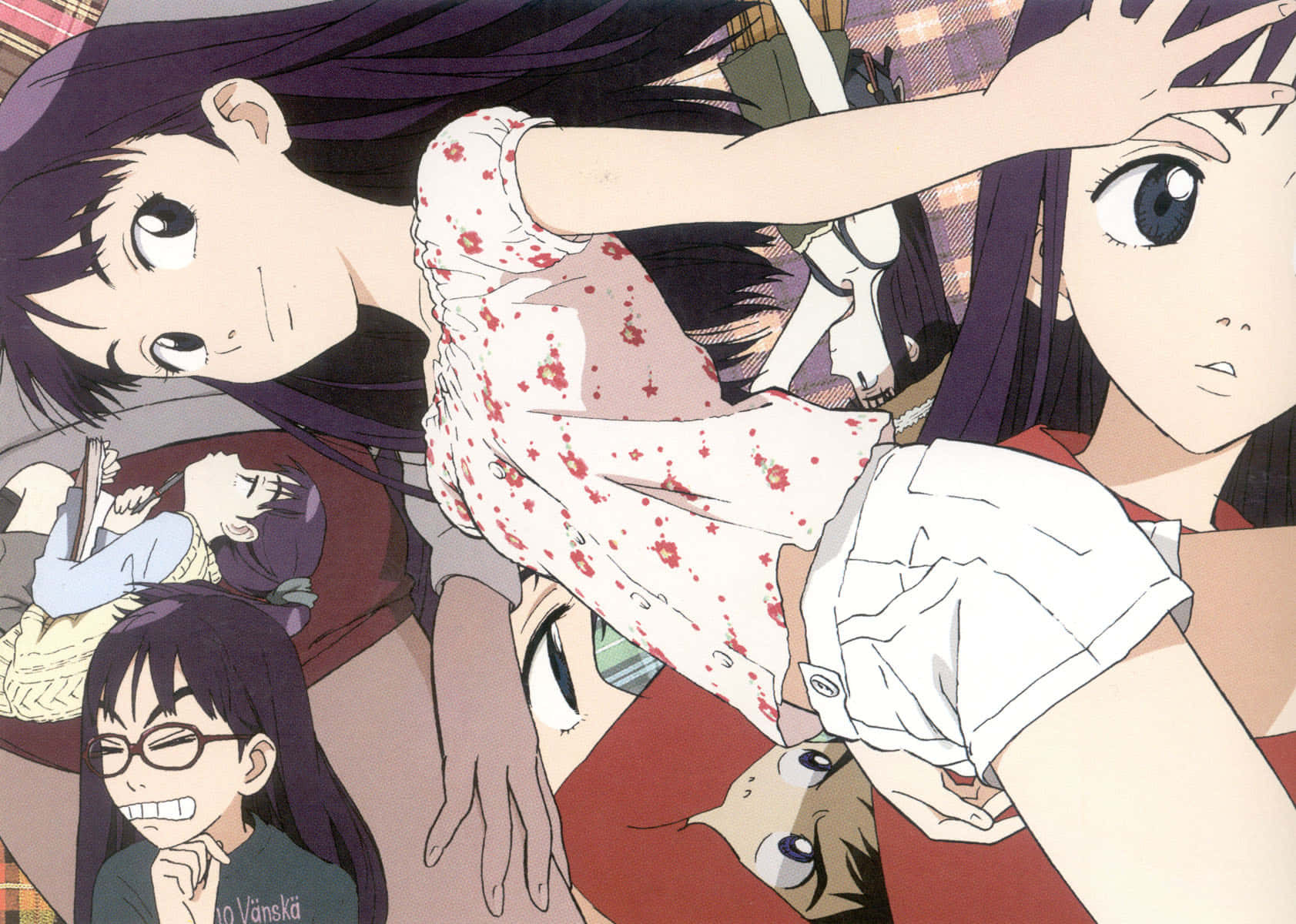 Ninamori Eri, purple hair, floral patterns, HD Desktop Wallpaper