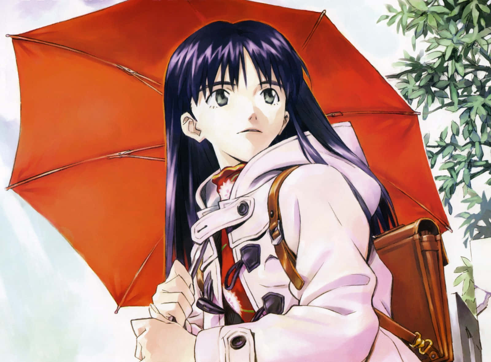Ninamori Eri, dark hair, bright red umbrella, HD Desktop Wallpaper