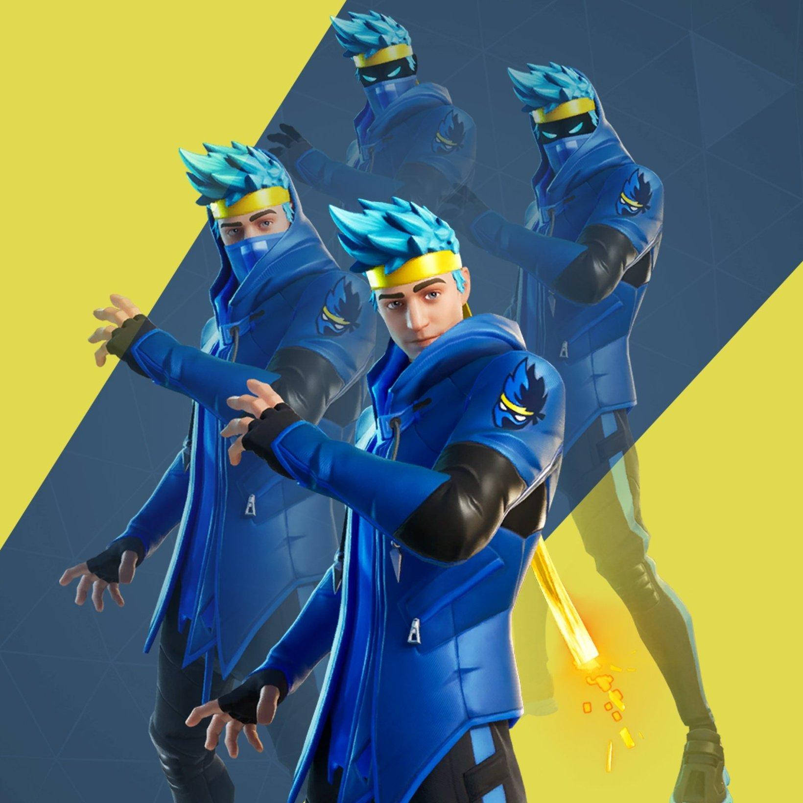 Ninja Fortnite, blue ninja gear, yellow and dark blue geometric background, HD Desktop Wallpaper