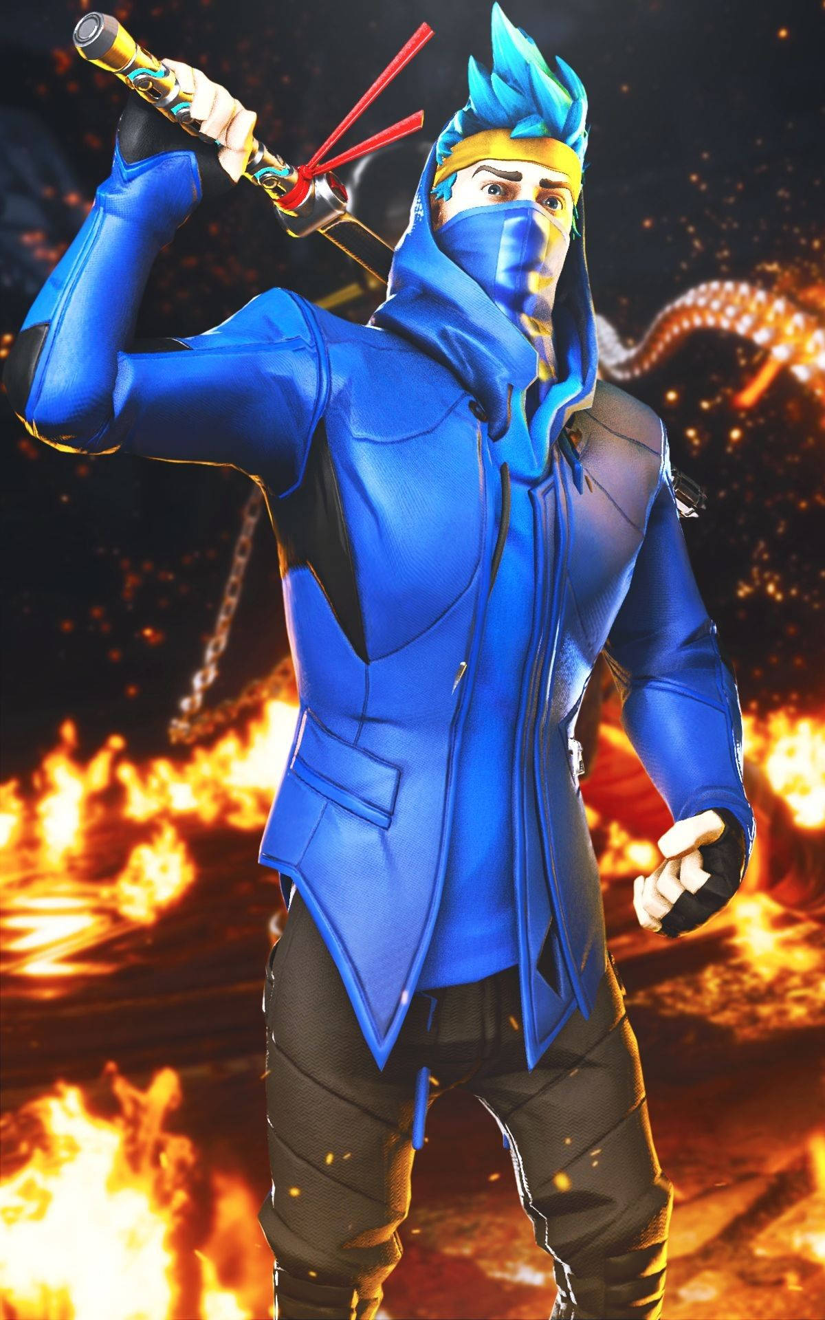 Ninja Fortnite, blue-clad ninja warrior, spiky hair, Full HD Phone Wallpaper