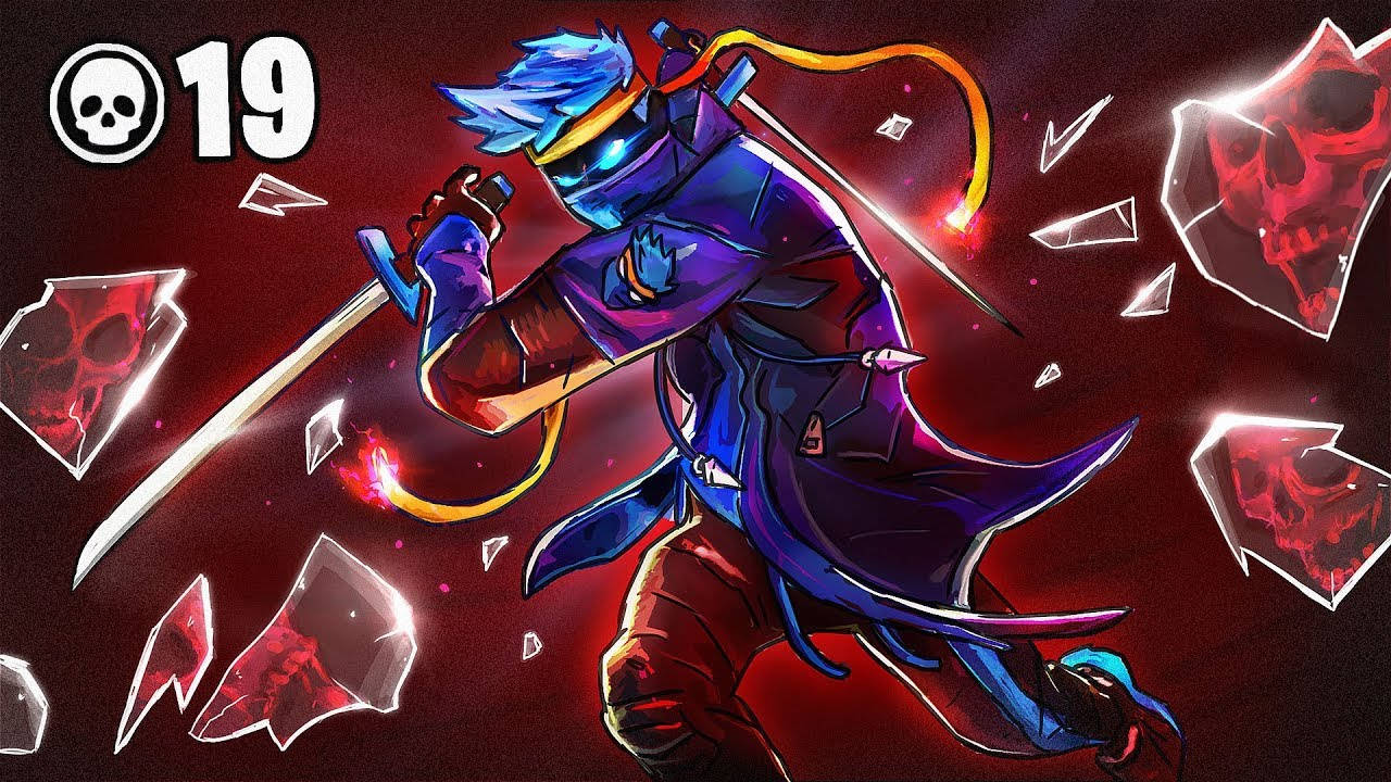 Ninja Fortnite, red skull, blue-haired anime warrior, HD Desktop Wallpaper