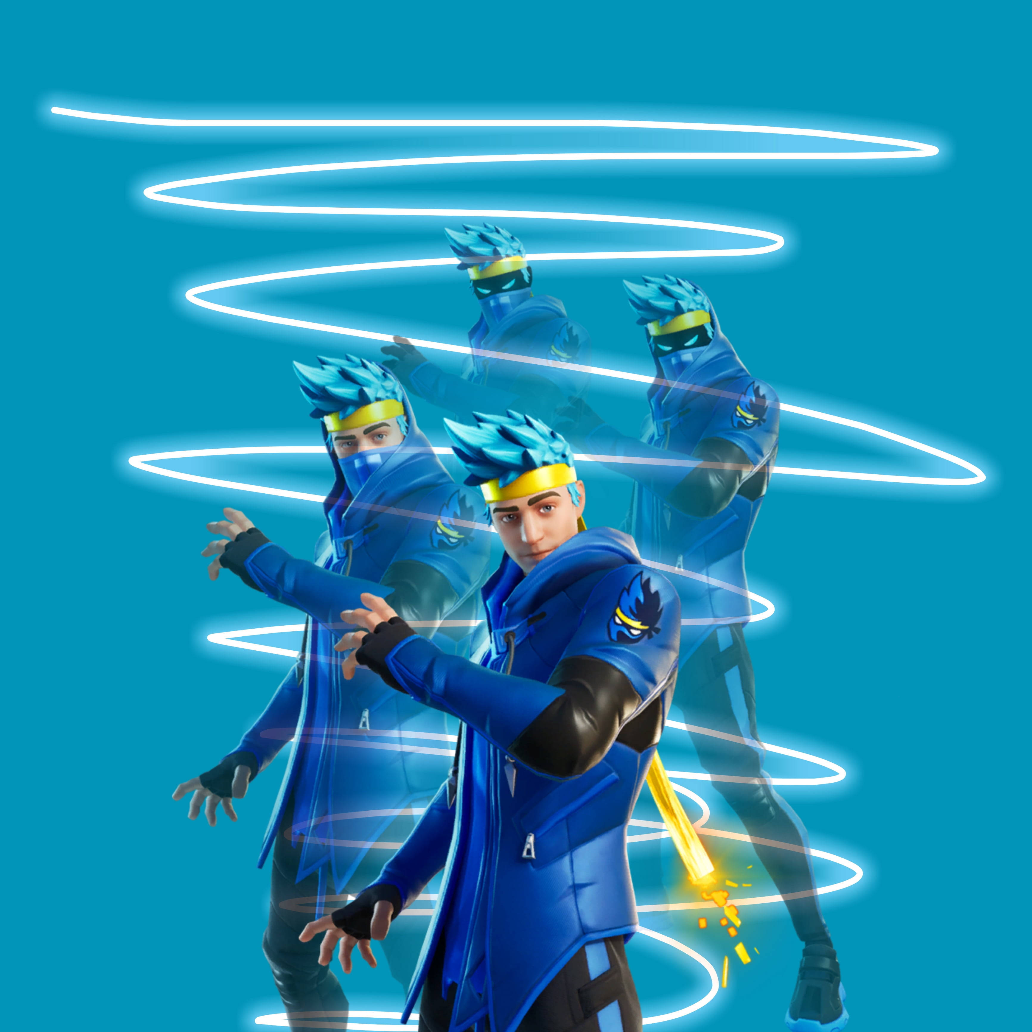 Ninja Fortnite, blue ninja gear, glowing white energy trails, 2K Desktop Wallpaper