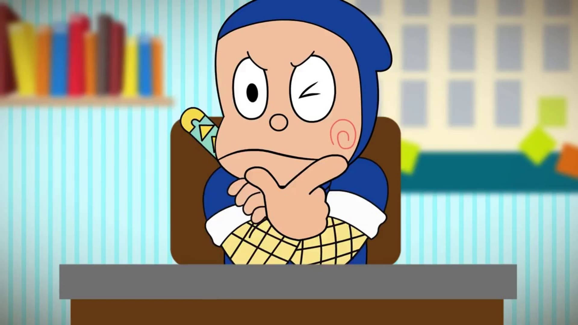 Ninja Hattori, blue hair, desk, Full HD Desktop Wallpaper