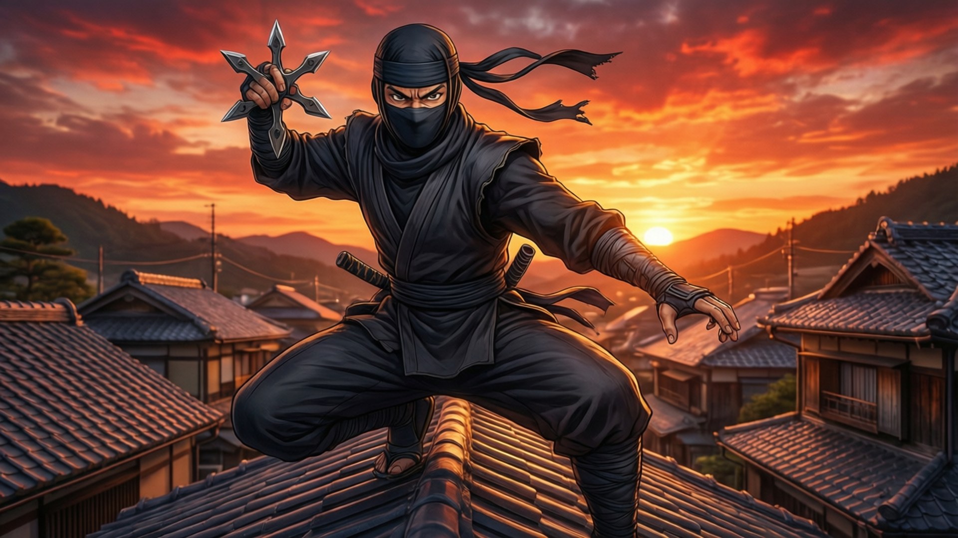 Ninja Hattori, sunset rooftop, black gear, Full HD Desktop Wallpaper