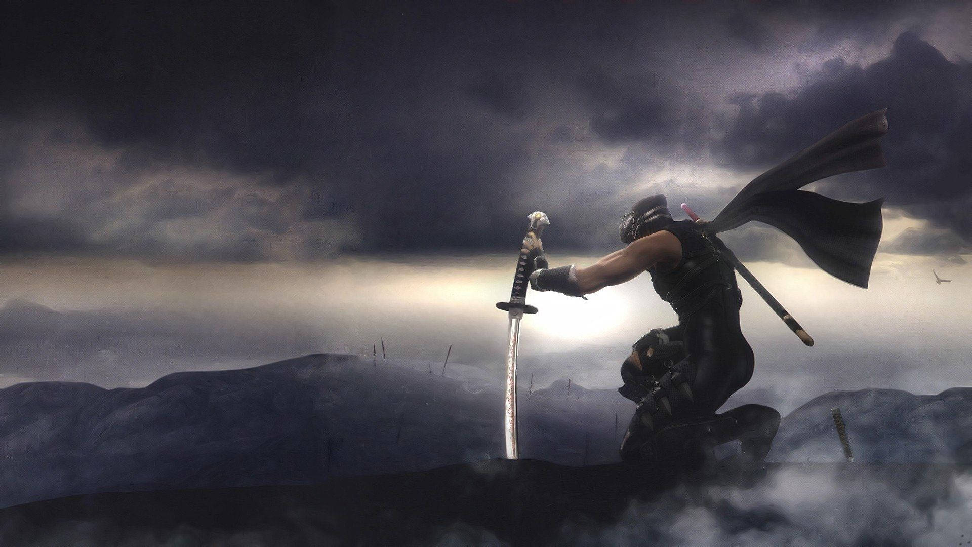 ninja warrior, glowing sword, misty mountain peak, Full HD Desktop Wallpaper