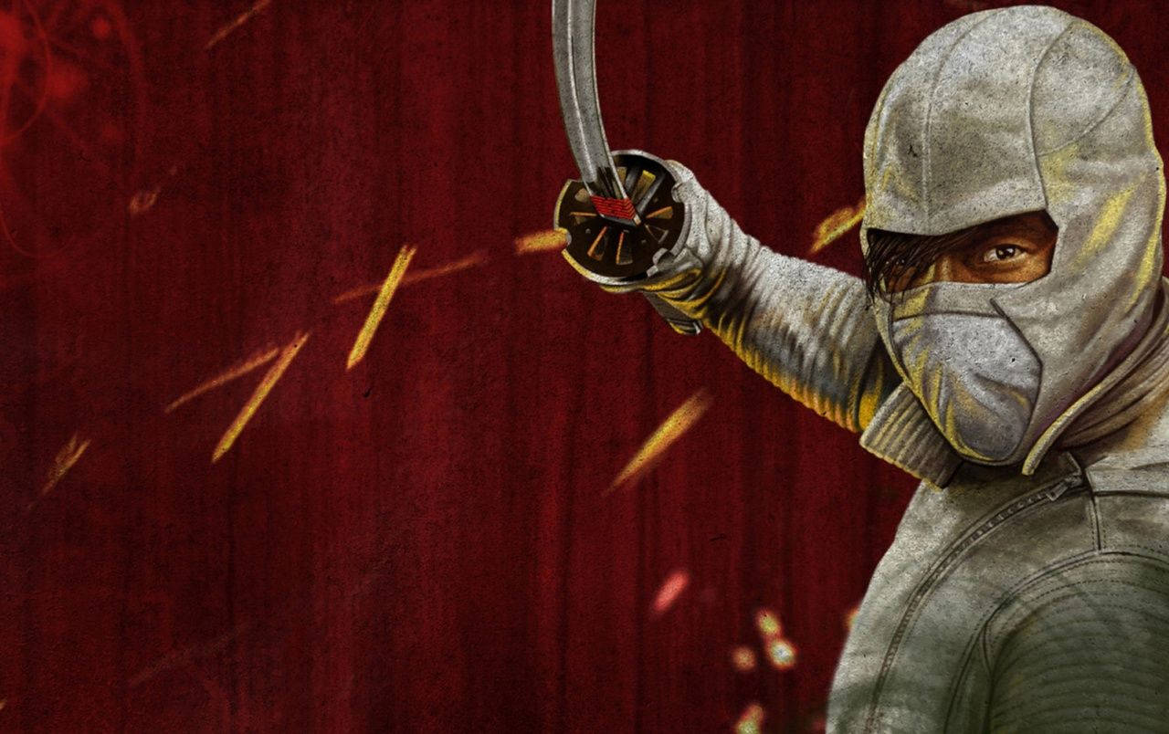 white ninja, curved blade, deep red backdrop, HD Desktop Wallpaper