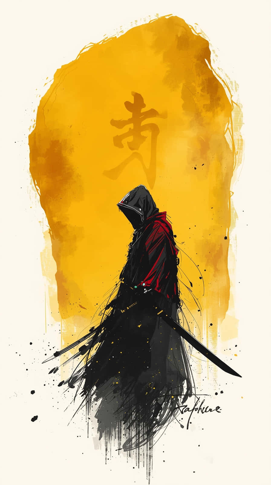 hooded crimson samurai, black and red cloak, vibrant yellow background, HD Phone Wallpaper
