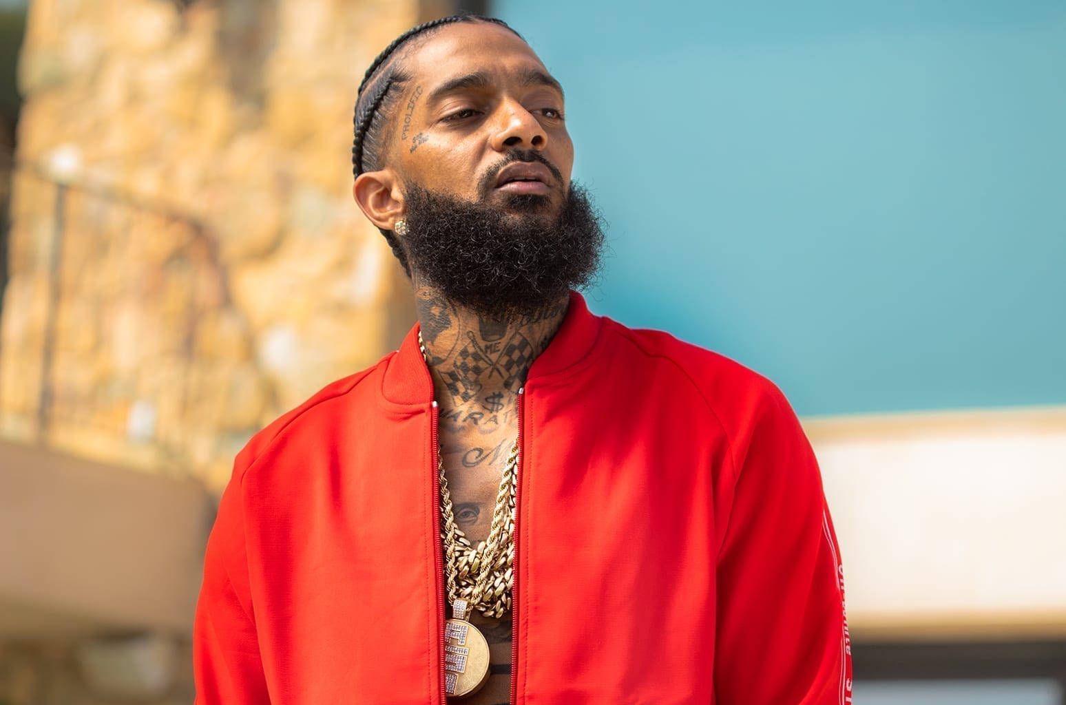 Nipsey Hussle, red jacket, gold chains, HD Desktop Wallpaper