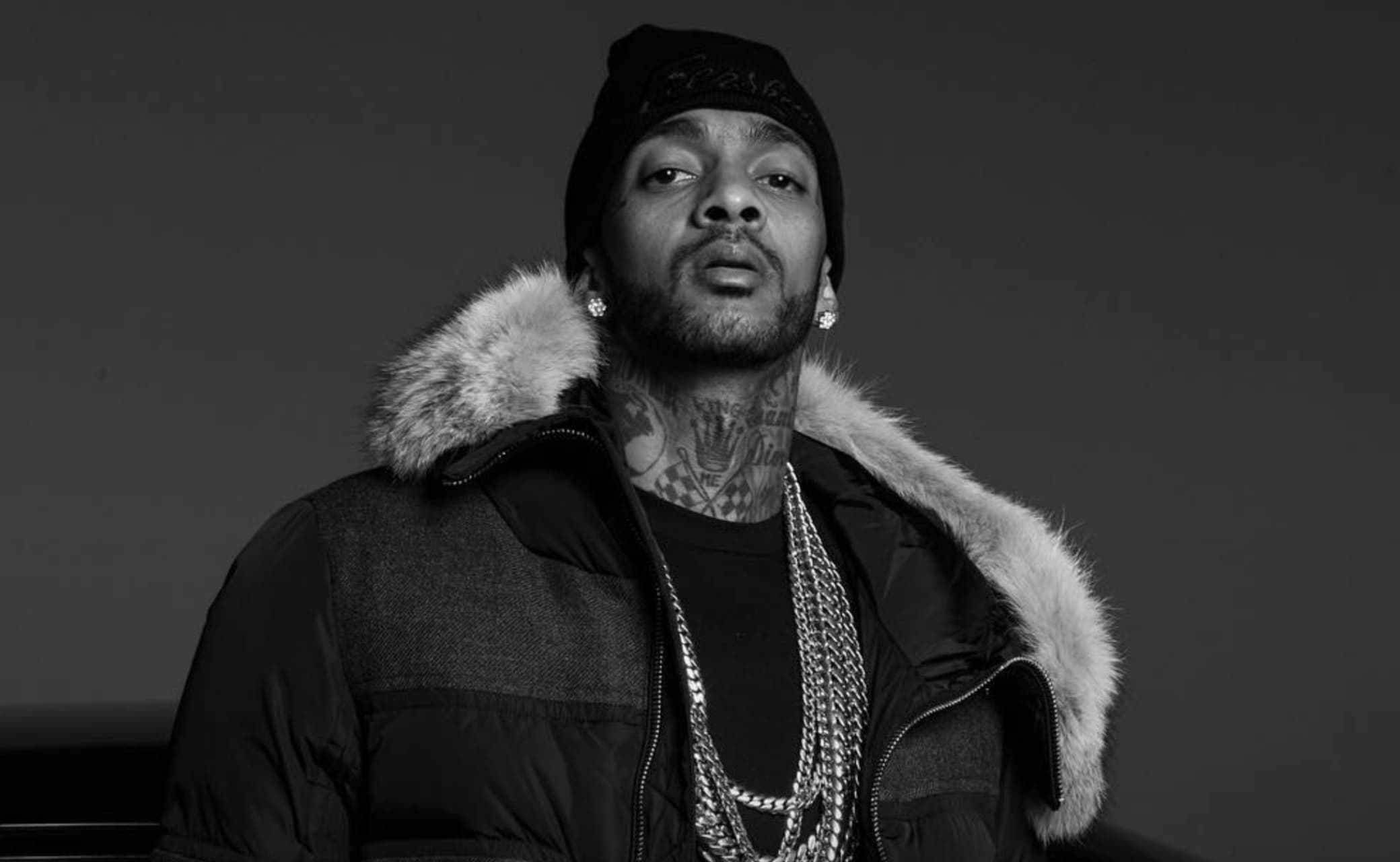 Nipsey Hussle, black and white portrait, tattoos, Full HD Desktop Wallpaper