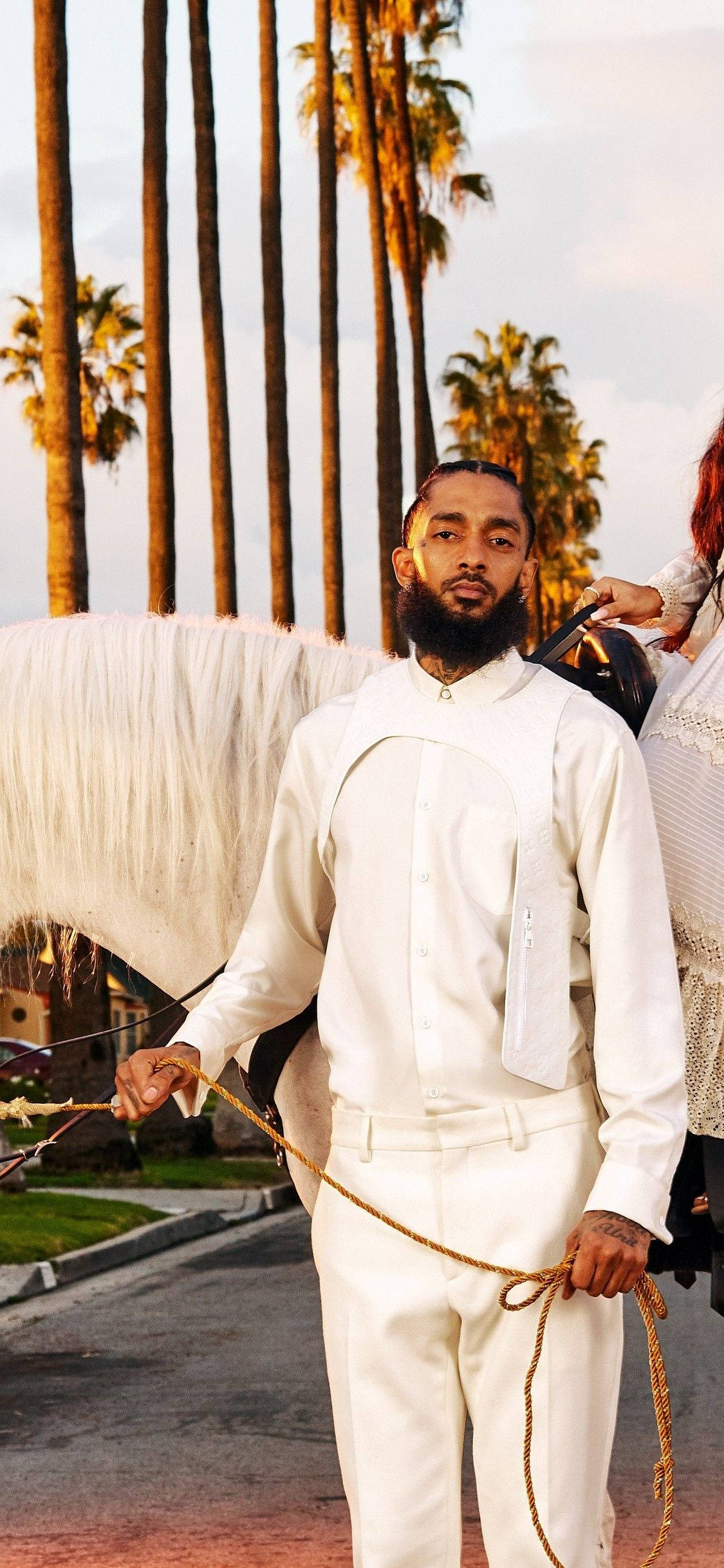 Nipsey Hussle, white suit, white horse, Full HD Phone Wallpaper