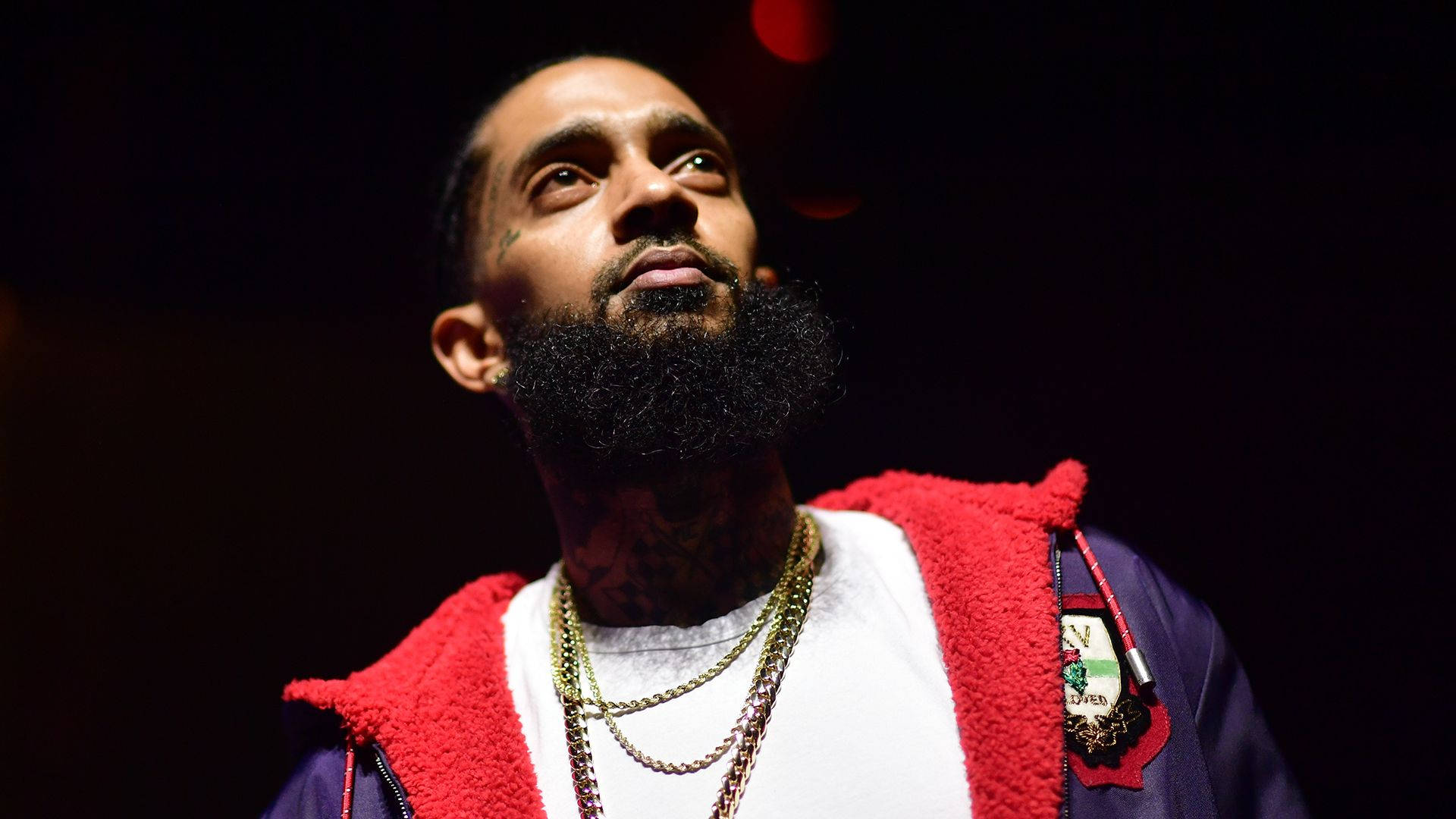 Nipsey Hussle, red-lined jacket, layered gold chains, Full HD Desktop Wallpaper