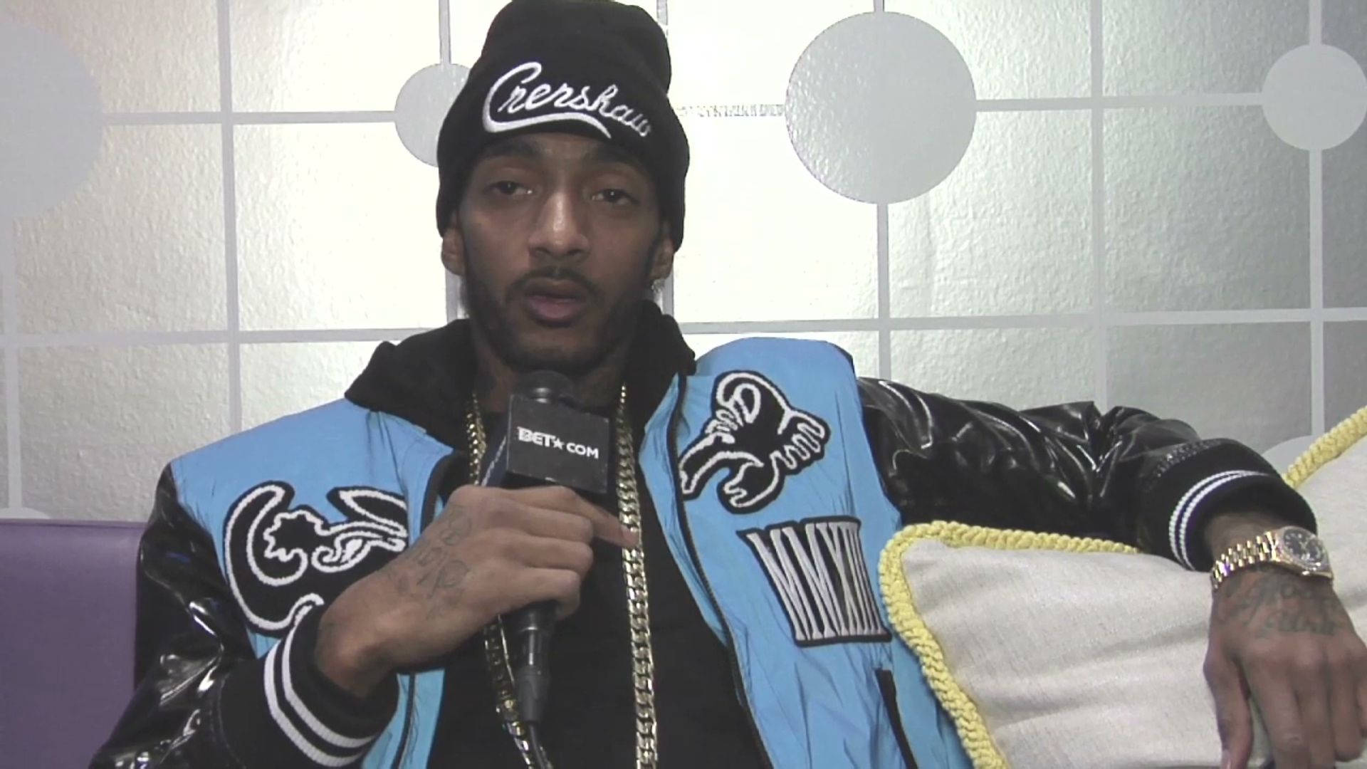 Nipsey Hussle, blue and black varsity jacket, beanie, Full HD Desktop Wallpaper