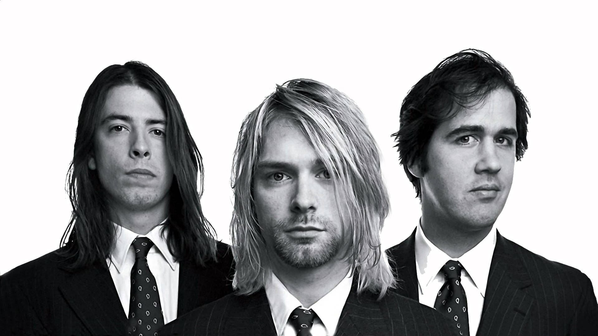 Monochromatic Nirvana 4K, black and white portrait, stark white background, Full HD Desktop Wallpaper