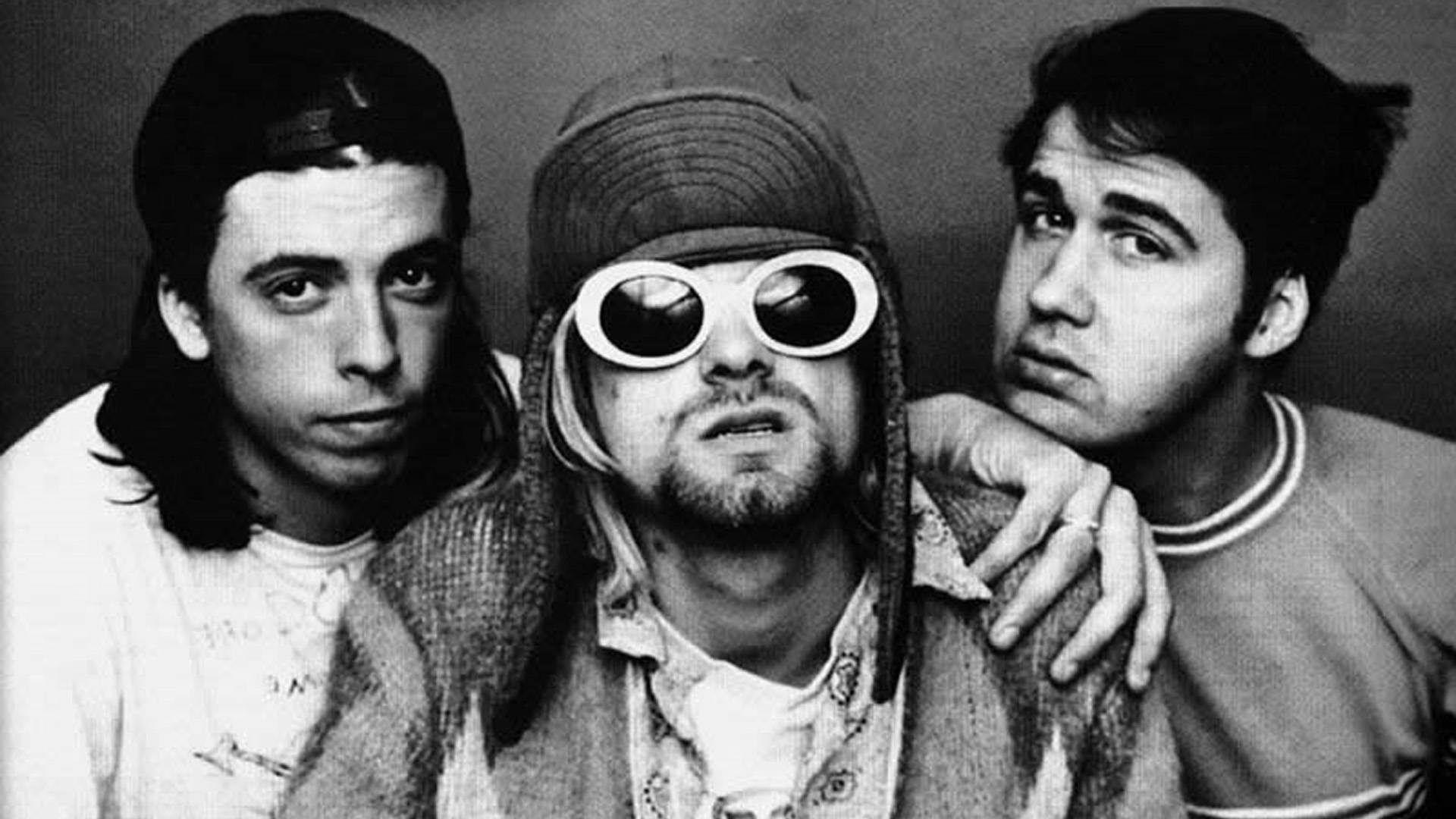Nirvana, band members, black and white studio portrait, Full HD Desktop Wallpaper