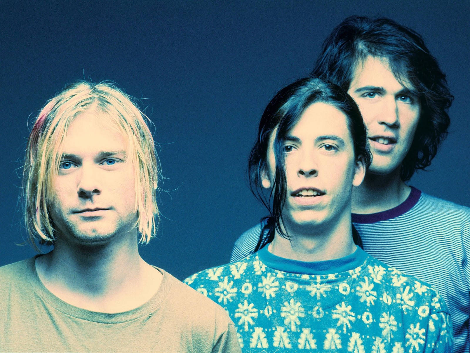 Blue Nirvana 4K, solid blue background, three men, HD Desktop Wallpaper
