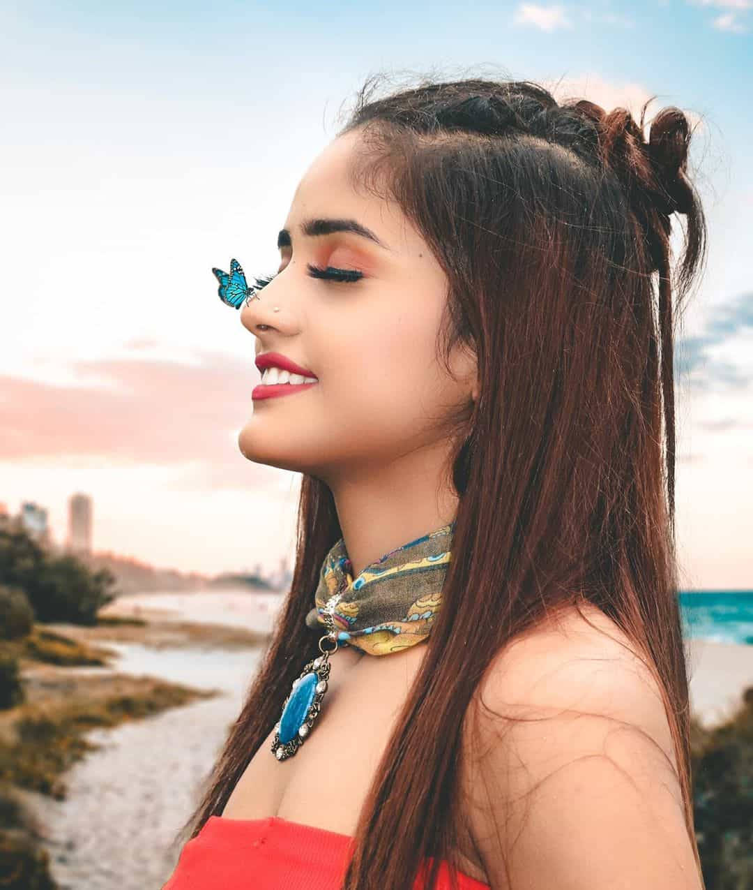 Nisha Guragain, blue butterfly, sunset sky, SD Phone Wallpaper