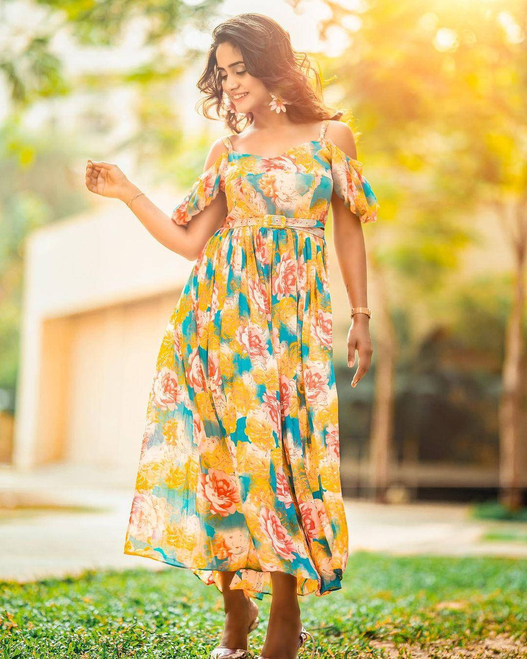 Nisha Guragain, yellow floral style dress, sunlit garden, HD Phone Wallpaper