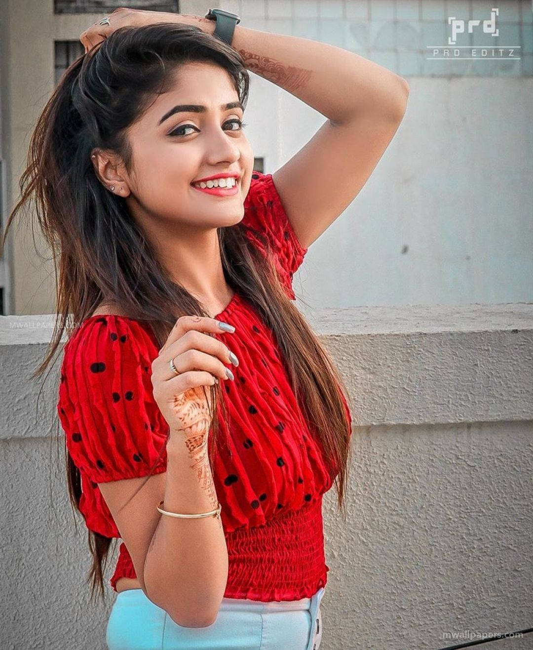 Nisha Guragain, red polka-dot top, textured wall, HD Phone Wallpaper