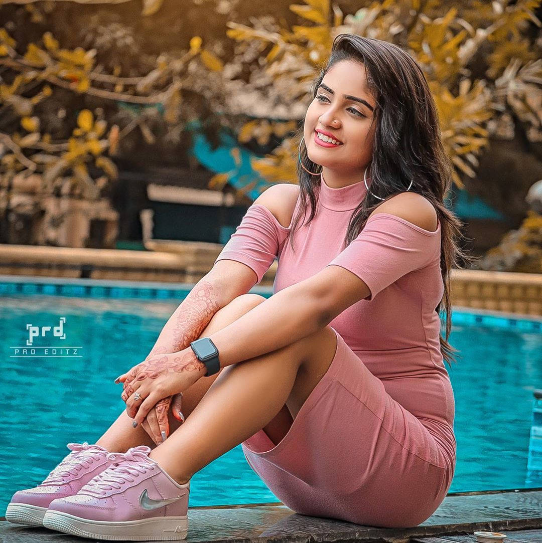 Nisha Guragain, pink dress, matching sneakers, SD Phone Wallpaper