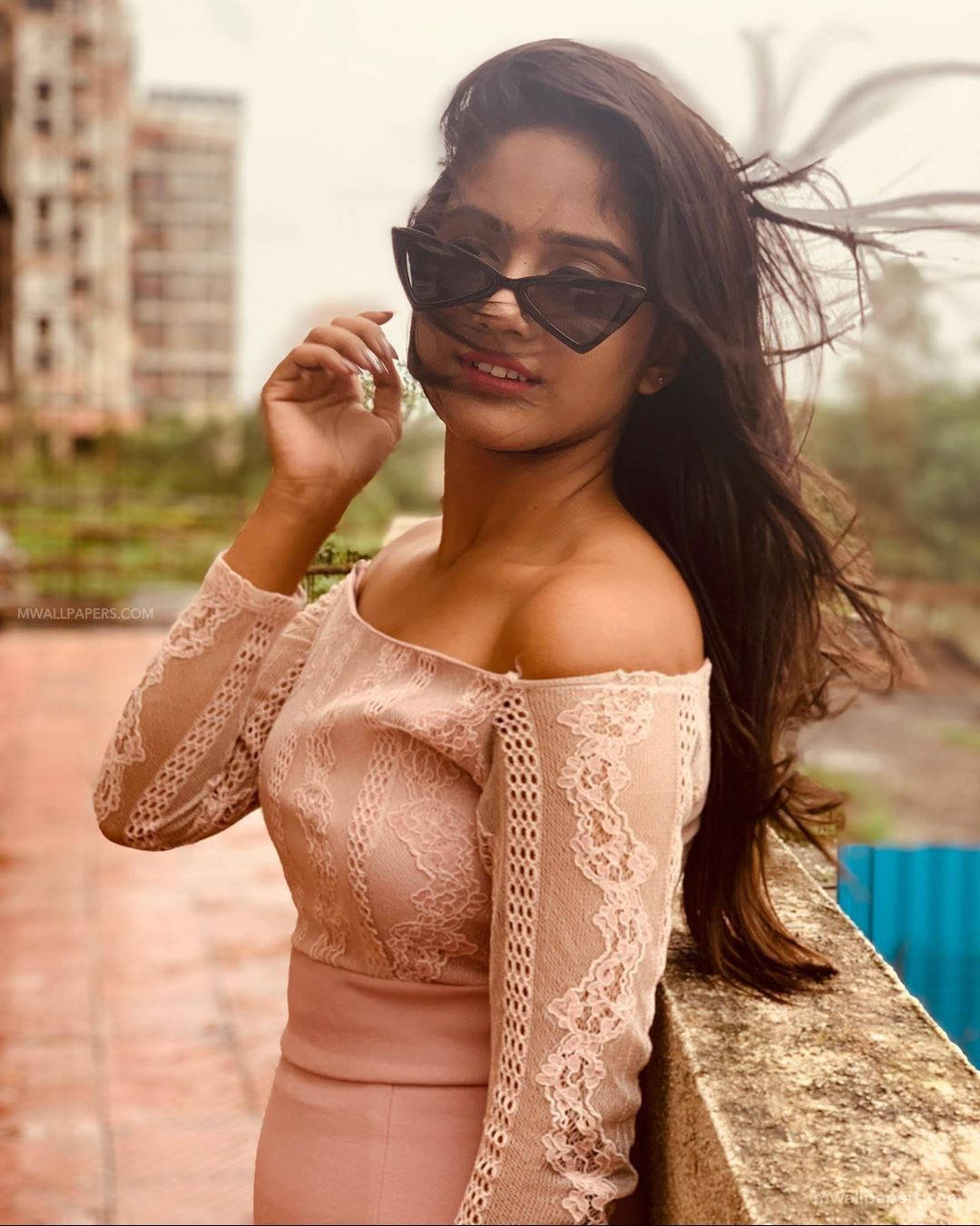 Nisha Guragain, cat eye sunglasses, pink lace top, HD Phone Wallpaper