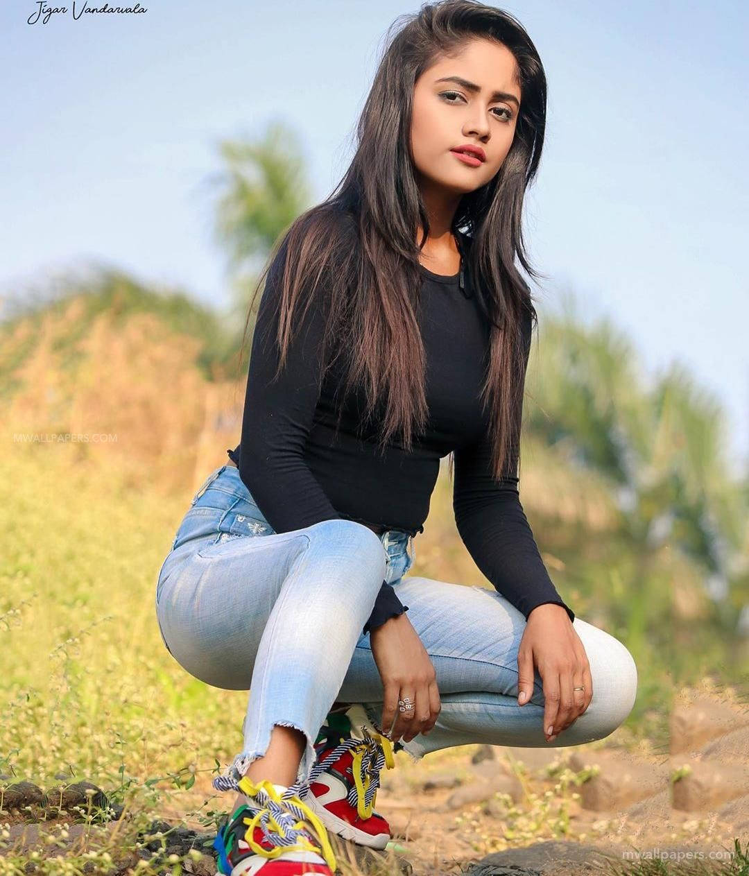 Nisha Guragain, black long sleeve shirt, sunlit field, SD Phone Wallpaper