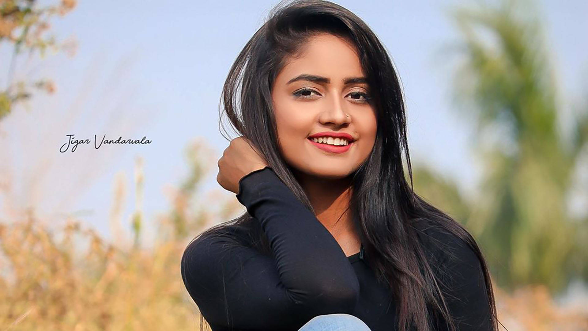 Nisha Guragain, long dark hair, golden grass, Full HD Desktop Wallpaper
