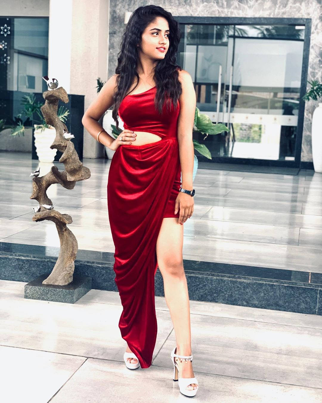 Nisha Guragain, red satin dress, high slit, HD Phone Wallpaper