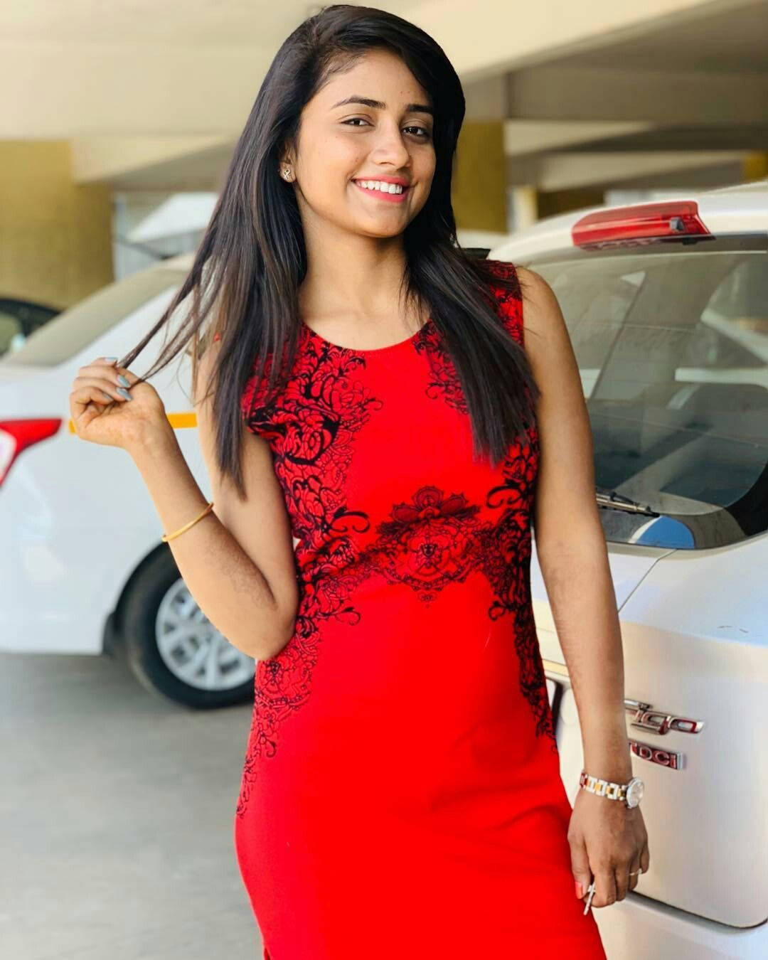 Nisha Guragain, red dress, black lace, HD Phone Wallpaper