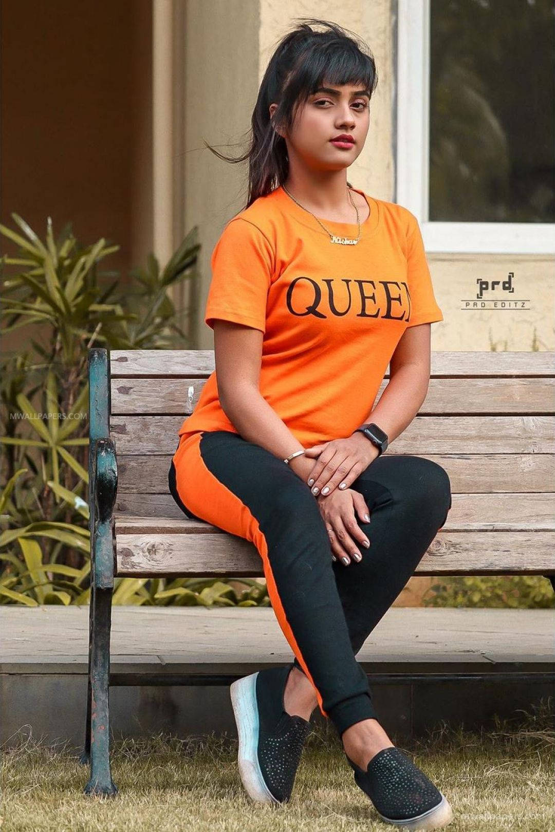 Nisha Guragain, orange queen top, weathered wooden bench, HD Phone Wallpaper
