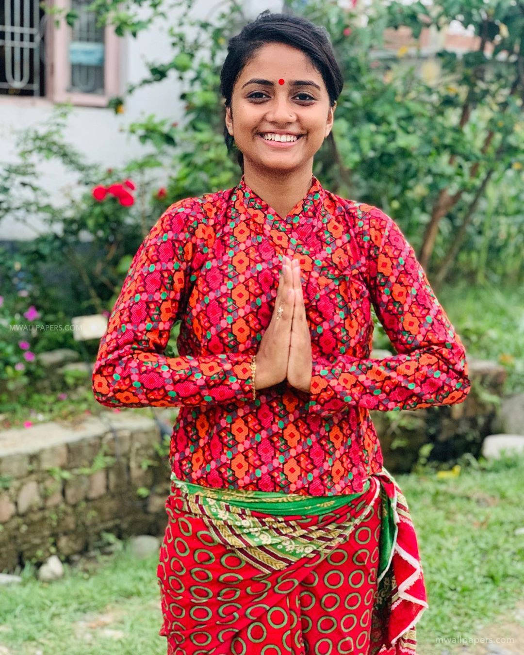 Nisha Guragain, red floral outfit, vibrant red patterned traditional attire, HD Phone Wallpaper